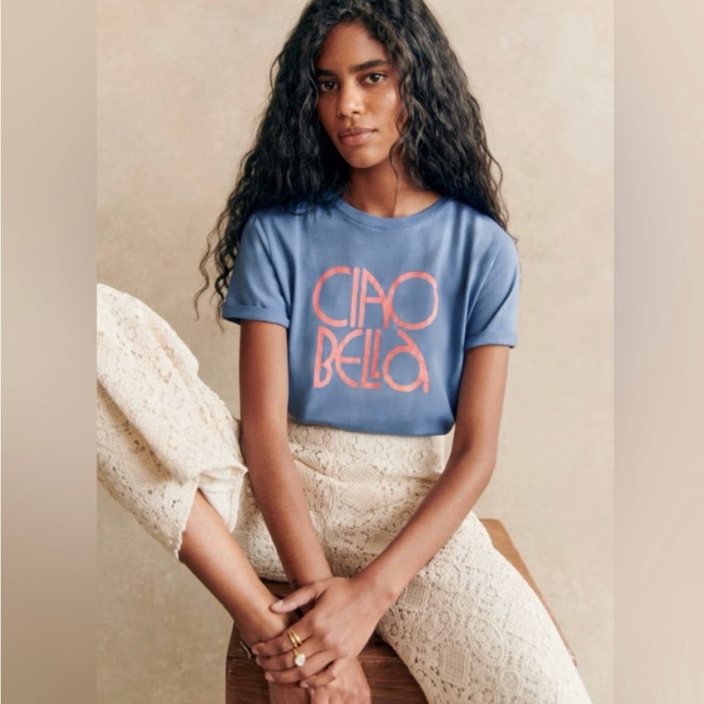 Sezane Blue Tee with Coral Graphic "Ciao Bella"